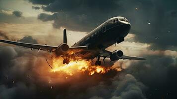 perigoso situação conduz para avião batida dentro a ar. silhueta conceito foto