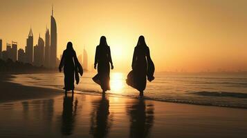 três mulheres dentro tradicional roupas em pé às dubai s de praia. silhueta conceito foto