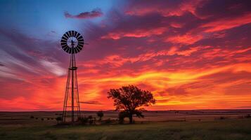 colorida pôr do sol com moinho de vento e árvores dentro rural Kansas norte do Hutchinson. silhueta conceito foto