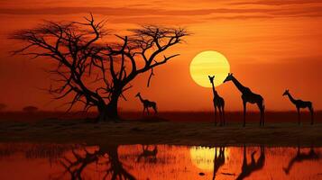 girafa formas e uma morto árvore dentro frente do uma pôr do sol. silhueta conceito foto