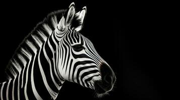 Preto e branco foto do uma zebra cabeça em uma Preto fundo isolado lado visualizar. silhueta conceito