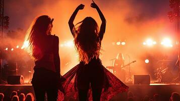 dois meninas tendo Diversão dançando às uma verão música festival com uma torcendo multidão. silhueta conceito foto