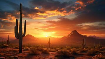 Sonora deserto pôr do sol dentro Fénix Arizona apresentando uma ampla saguaro cacto. silhueta conceito foto