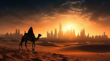 camelo cruzando deserto com dubai Horizonte Misturando moderno e tradicional uae. silhueta conceito foto