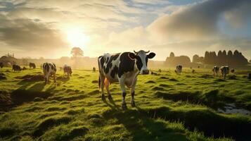 laticínios vacas dentro rural Irlanda pastar às nascer do sol dentro uma enevoado Prado. silhueta conceito foto