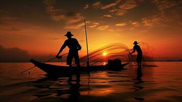 pescadores esboços às nascer do sol dentro a trópicos. silhueta conceito foto