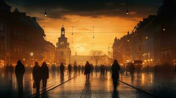 indivíduos passeando dentro Praga durante pôr do sol. silhueta conceito foto