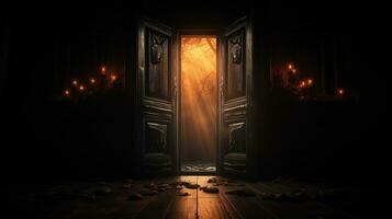 dia das Bruxas temático quarto com a aberto porta dentro escuridão. silhueta conceito foto