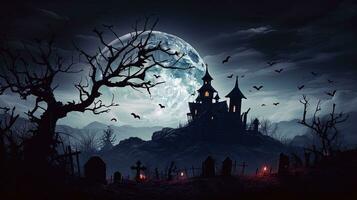 fantasma caminhando para assombrada castelo ruínas debaixo cheio lua criando uma arrepiante dia das Bruxas cena. silhueta conceito foto