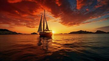 deslumbrante pôr do sol dentro ibiza com dourado e vermelho cores e barco silhuetas foto