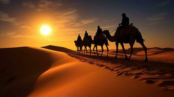 camelo passeios dentro sahara deserto guiado de uma berbere com camelo sombras. silhueta conceito foto