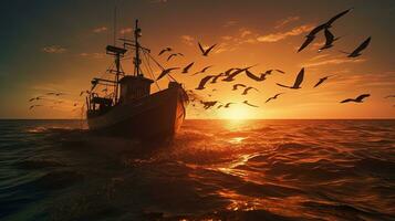 pássaros vôo sobre uma camarão pescaria barco às pôr do sol dentro a aberto mar. silhueta conceito foto