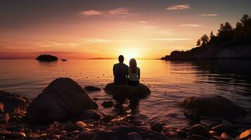 casal abraçando em de praia às pôr do sol □ Gentil iluminação sereno água visto a partir de atrás em ilha costa acampamento. silhueta conceito foto