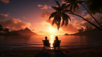 romântico casal em de praia debaixo Palma árvores às pôr do sol água brilha com luz solar distante ilhas visível. silhueta conceito foto