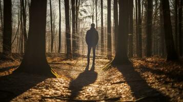 homem s sombra dentro luz solar no meio árvores ou madeiras. silhueta conceito foto