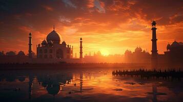 pôr do sol pano de fundo com taj mahal dentro agra Índia. silhueta conceito foto