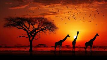 girafa formas e uma morto árvore dentro frente do uma pôr do sol. silhueta conceito foto