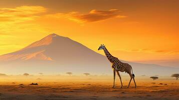 girafa silhueta dentro vibrante africano panorama perto Kilimanjaro vulcão amboseli nacional parque Quênia animais selvagens fotografia dentro Quênia africano manhã atmosfera foto