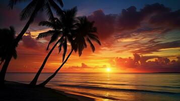deslumbrante Palmeiras recortado contra oceano às pôr do sol foto
