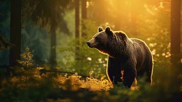 Ursus arctos dentro natural habitat durante verão estação com verde floresta fundo às pôr do sol. silhueta conceito foto