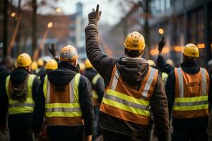 construções trabalhadores caminhando em a rua a comemorar foto