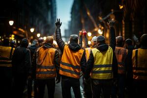 construções trabalhadores caminhando em a rua a comemorar foto