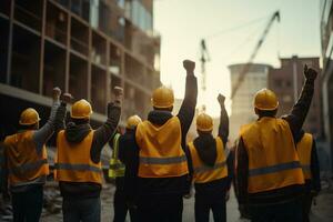 construções trabalhadores caminhando em a rua a comemorar foto