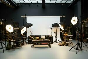 uma foto estúdio com iluminação equipamento e uma sofá