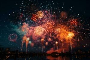 fogos de artifício sobre a água dentro a noite céu foto