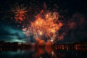 fogos de artifício sobre a água dentro a noite céu foto