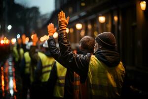 construções trabalhadores caminhando em a rua a comemorar foto