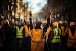 construções trabalhadores caminhando em a rua a comemorar foto