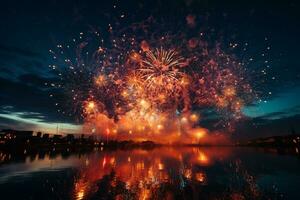 fogos de artifício sobre a água com uma cidade dentro a fundo foto