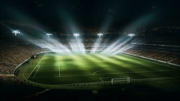 futebol estádio às noite com brilhante luzes foto