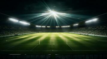 futebol estádio às noite com brilhante luzes foto