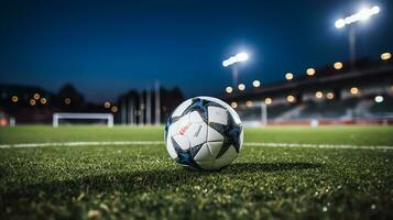 futebol bola em verde Relva do futebol estádio às noite com luzes foto