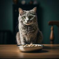 uma cinzento cabeludo gato é sentado, lá é uma tigela do Comida dentro frente do ele. generativo ai foto