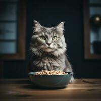 uma cinzento cabeludo gato é sentado, lá é uma tigela do Comida dentro frente do ele. generativo ai foto