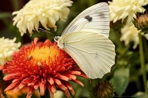 ai generativo lindo fofo branco flor e branco borboleta em natural verde amarelo fundo fechar-se ao ar livre elegante refinado imagem do beleza do natureza foto