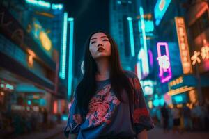 chinês menina néon. gerar ai foto