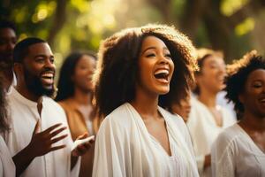 cristão Evangelho cantores dentro uma parque elogiando senhor Jesus Cristo foto