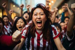 japonês futebol fãs a comemorar uma vitória foto