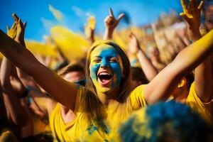 ucraniano de praia futebol fãs a comemorar uma vitória foto