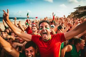 Português de praia futebol fãs a comemorar uma vitória foto