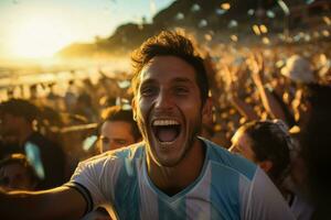 Argentino de praia futebol fãs a comemorar uma vitória foto