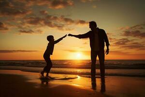 pai e filho silhuetas às pôr do sol de praia. generativo ai foto