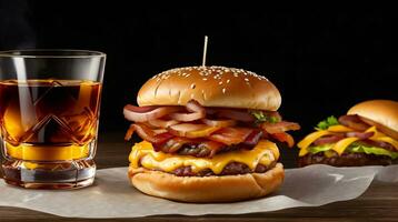 foto do uma delicioso triplo carne Hamburger com bacon e amarelo queijo fogo em fundo