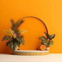 produtos pódio exibição em laranja fundo com árvore foto