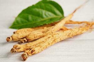 raízes de ginseng e folha verde, comida saudável. foto