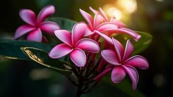 ai generativo lindo tropical Rosa frangipani flores e multicolorido borboleta em natural verde amarelo fundo fechar-se ao ar livre elegante refinado imagem do beleza do natureza foto
